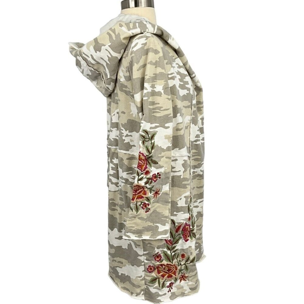 Athleta Caite Size XS Hooded Duster Beige Gray Camo Floral Embroidery Open Front - Picture 7 of 11